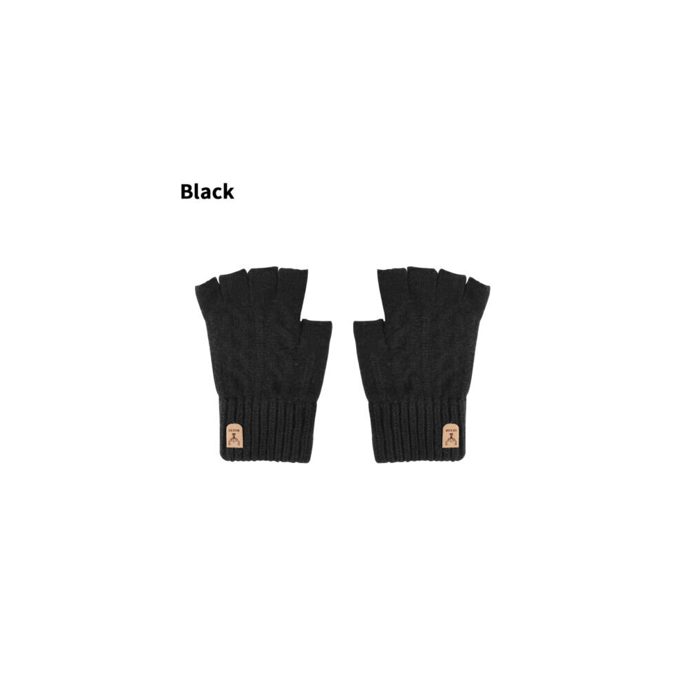 (Black) Mens Womens Thermal Fingerless Gloves Knitted Warm Winter Half Finger Mittens UK