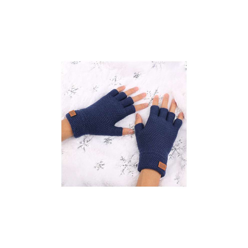 (Blue) Mens Womens Thermal Fingerless Gloves Knitted Warm Winter Half Finger Mittens UK