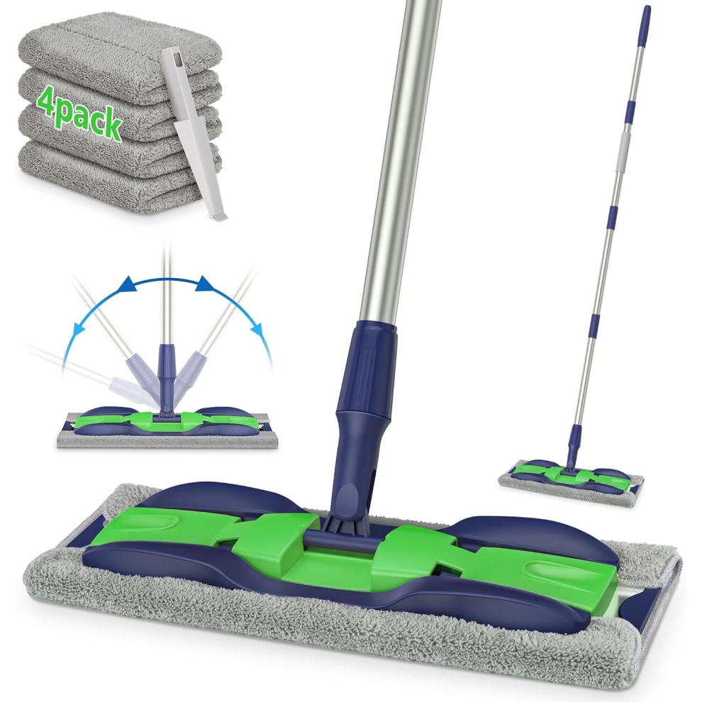 MEXERRIS Microfibre Mop Floor Cleaning Wet 4x Washable Pads Dust Adjustable Handle Wood Flat Mops Home Commercial Use for Hardwood Laminate Tiles Wall