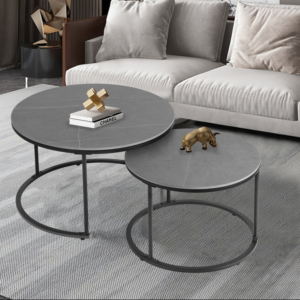 Modern Nesting Coffee Table Set of 2 Marble Look Coffee Table Set Grey