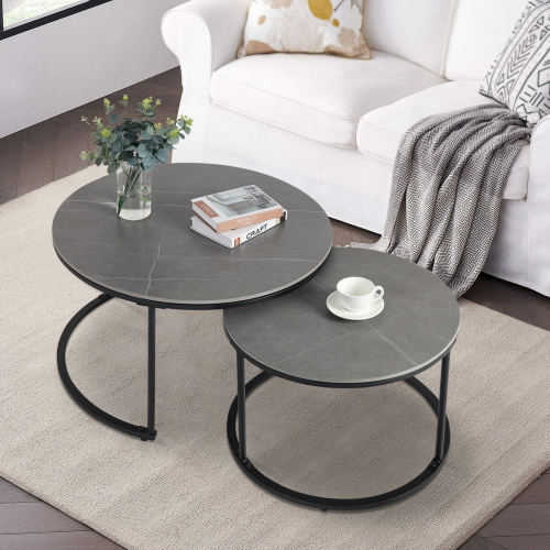 Modern Nesting Coffee Table Set of 2 Marble Look Coffee Table Set Grey 2