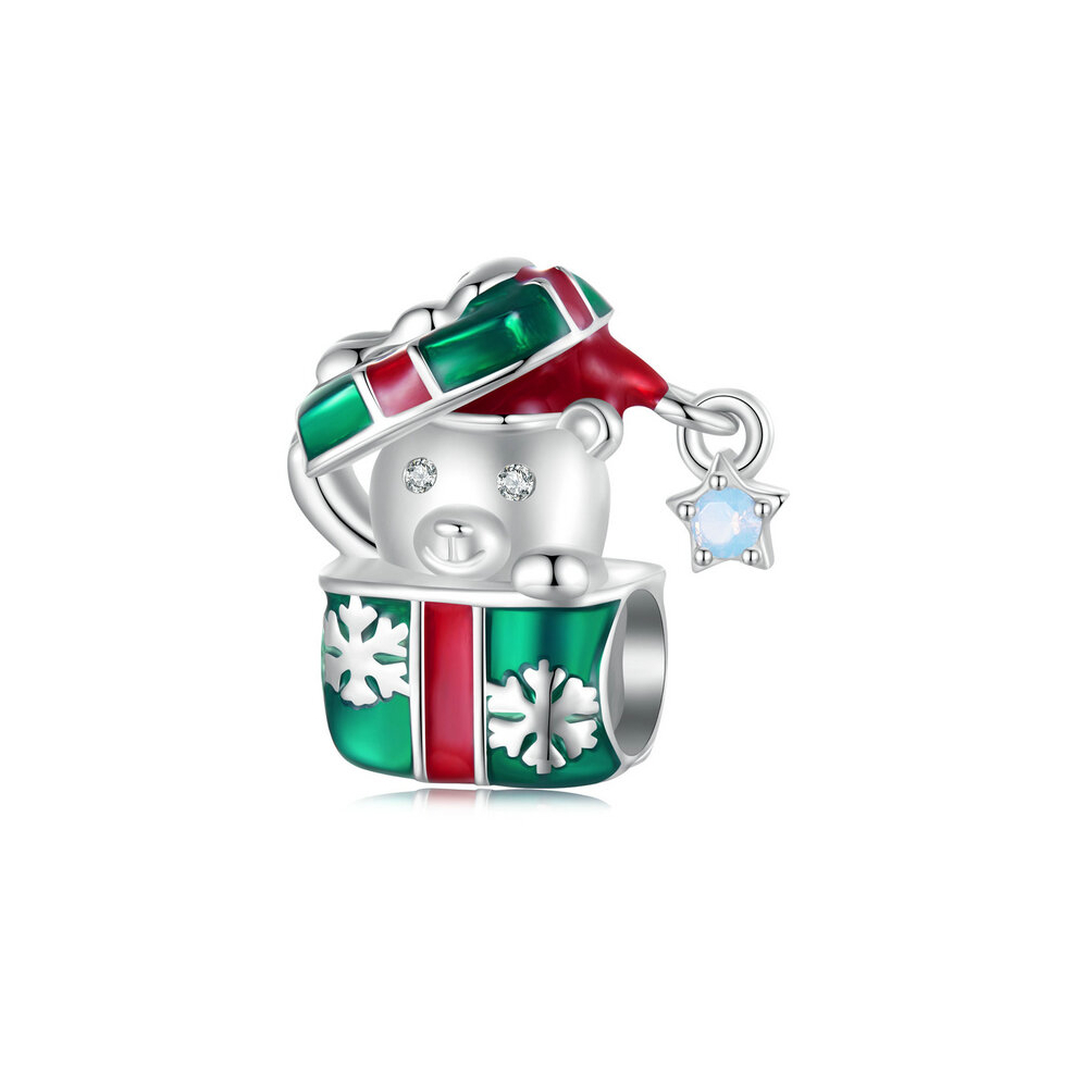 Christmas Teddy Bear Gift Charm Bead With Opal Stone Genuine 925 Sterling Silver Compatible With Pandora Bracelets