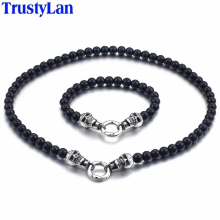 Punk Rock Jewelry Sets Stainless Steel Double Skull Heads Bracelet & Necklace Set For Men 8MM Beads Jewellery