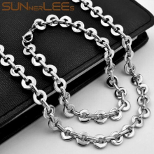 Stainless Steel Necklace Bracelet Set 8mm Geometric Link Chain Smooth Silver Plated Men Women SC180 S