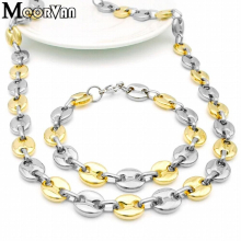 Moorvan Stainless Steel Mens Flat Beads Jewelry Set Bracelet Necklace Sets VJS001