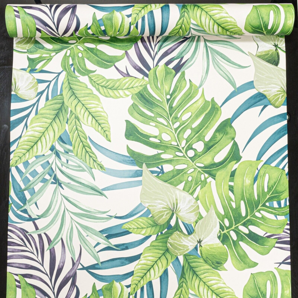Tropical Green Leaves Wallpaper Cream Teal Jungle Forest Palm Leaf Ugepa L56104 5060729379042