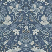 Arthouse Traditional Folk Floral Trail Denim Blue Birds Flowers Leaves Wallpaper