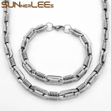 316L Stainless Steel Necklace Bracelet Set 9mm Geometric Link Chain Silver Men Women SC81 S