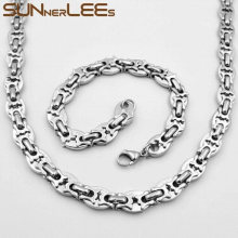 316L Stainless Steel Necklace Bracelet Set 10mm Geometric Byzantine Link Chain Silver Men Women SC72 S