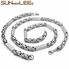 Jewelry 316L Stainless Steel Necklace Bracelet Set 7mm Link Chain Silver Plated Men Women SC195 S