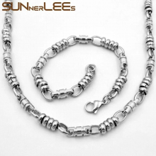 316L Stainless Steel Necklace Bracelet Set 6mm Geometric Link Chain Silver Men Women SC68 S