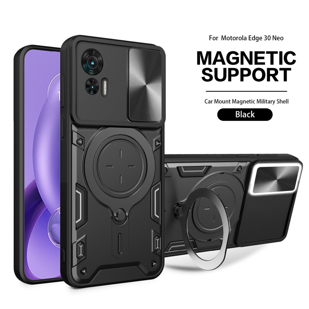 (Moto Edge 30 Neo /30 Lite, Black) Magnetic Phone case For Moto, Slide Camera Lens Protection and Built in 360 Rotatable Ring Holder