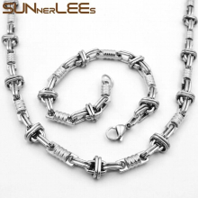 316L Stainless Steel Necklace Bracelet Set 11mm Geometric Byzantine Link Chain Silver Men Women SC67 S