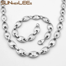 Jewelry Stainless Steel Necklace Bracelet Set 10mm Coffee Beans Link Chain Silver Plated Men Women SC75 S