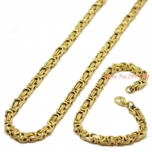 Mens Gold/Black/Silver Chain Stainless Steel Necklace Bracelet set Flat Byzantine necklaces for women