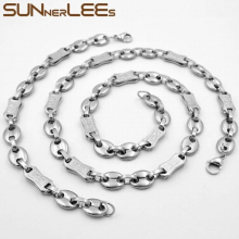 Stainless Steel Necklace Bracelet Set 10mm Geometric Coffee Bean Link Chain Silver Plated Men Women SC61 S