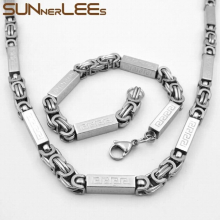 Jewelry 316L Stainless Steel Necklace Bracelet Set 7mm Geometric Link Chain Silver Plated Men Women SC55 S