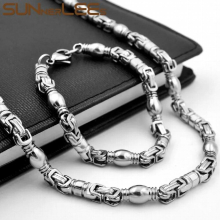 316L Stainless Steel Necklace Bracelet Set 6mm Geometric Beads Link Chain Silver Plated Men Women SC194 S