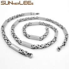 316L Stainless Steel Necklace Bracelet Set 5mm Geometric Byzantine Link Chain Silver Smooth Men Women SC211 S
