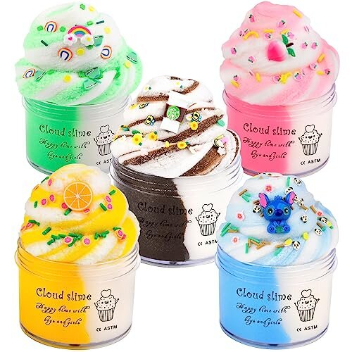 Cloud Slime Kit 5 Pack, with Stitch Peachybbies Rainbow Lemon Coffee Slime Charms, Fluffy Slime for Girls and Boys, Stress Relief Toy for Kids