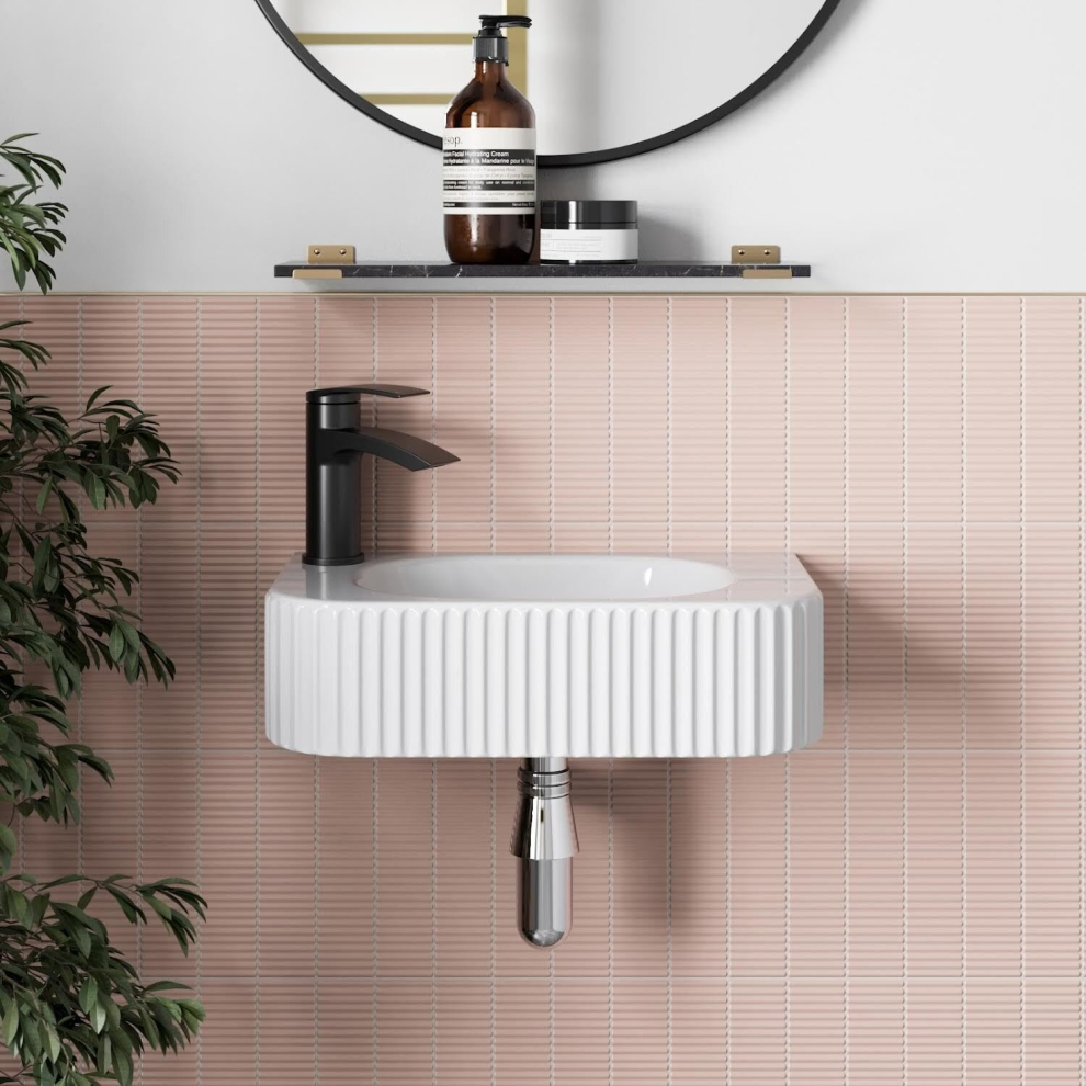 Bathroom Wall Hung Basin Sink Fluted Gloss White 1 Tap Hole Modern 446 x 265mm