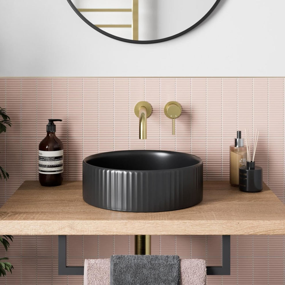 Bathroom Countertop Basin Sink Fluted Matt Black Round Modern 360 X 360Mm 5056696067945