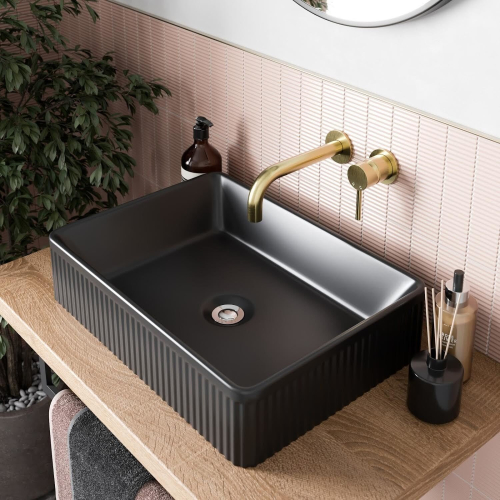 Bathroom Countertop Basin Sink Fluted Matt Black Rectangular Modern 503 x 365mm 1