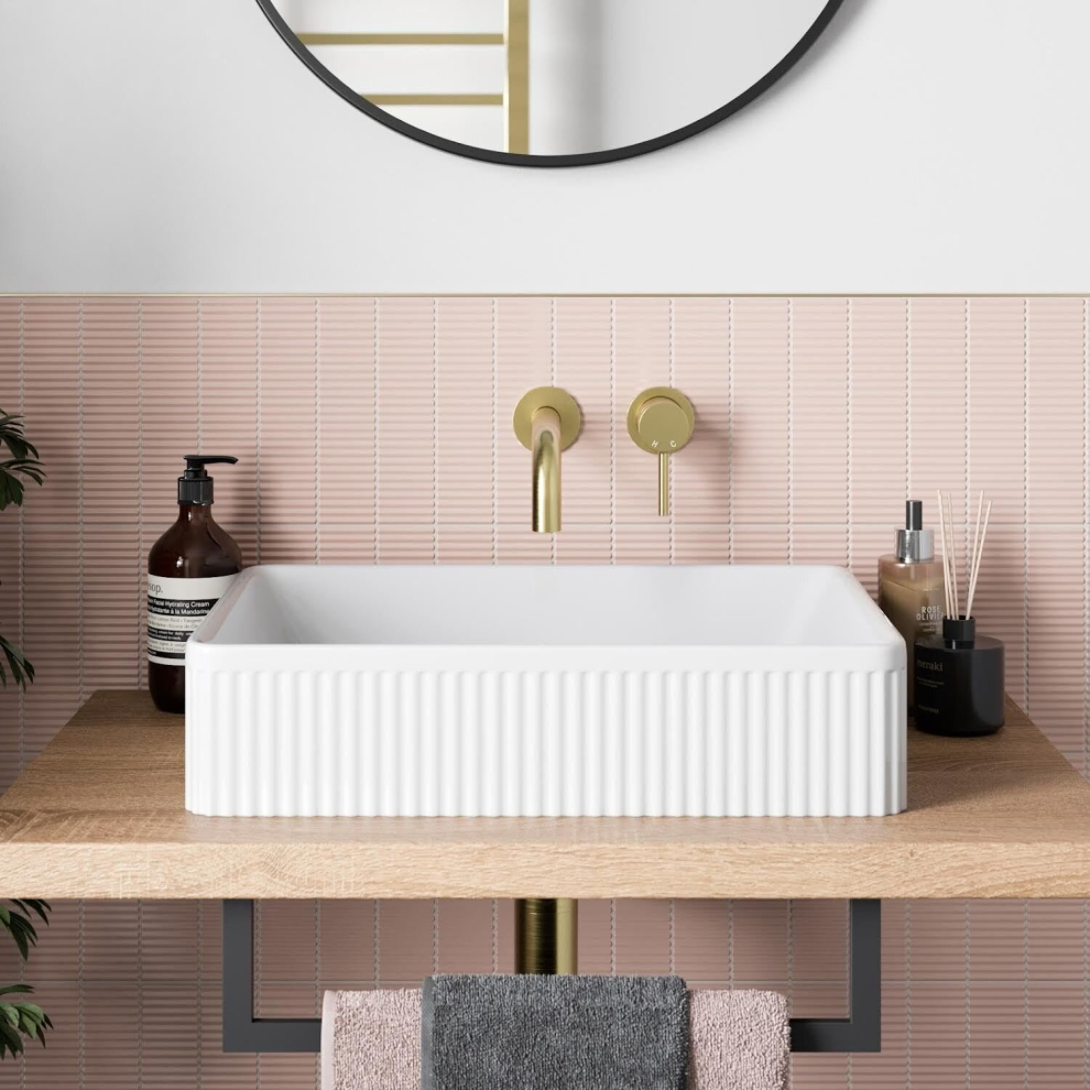 Bathroom Countertop Basin Sink Fluted Gloss White Rectangular Modern 503 X 365Mm 5056696067891