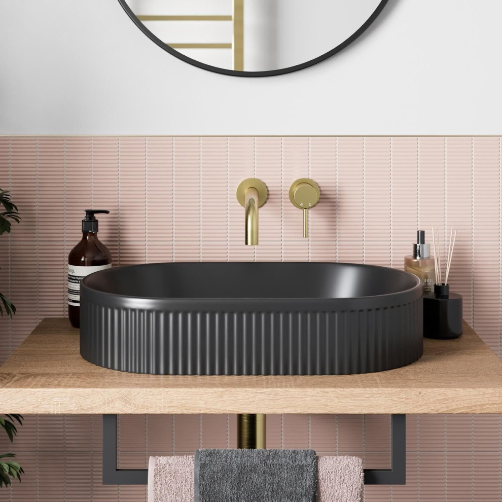 Bathroom Countertop Basin Sink Fluted Matt Black Oval Modern 573 X 358Mm 5056696067921