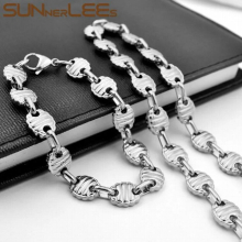 316L Stainless Steel Necklace Bracelet Set 10mm Geometric Link Chain Silver Men Women SC214 S