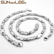 Jewelry Stainless Steel Necklace Bracelet Set 9mm Geometric Link Chain Silver Plated Men Women SC116 S