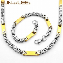 Stainless Steel Necklace Bracelet Set 5mm Geometric Byzantine Link Chain Silver Plated Men Women SC80 S