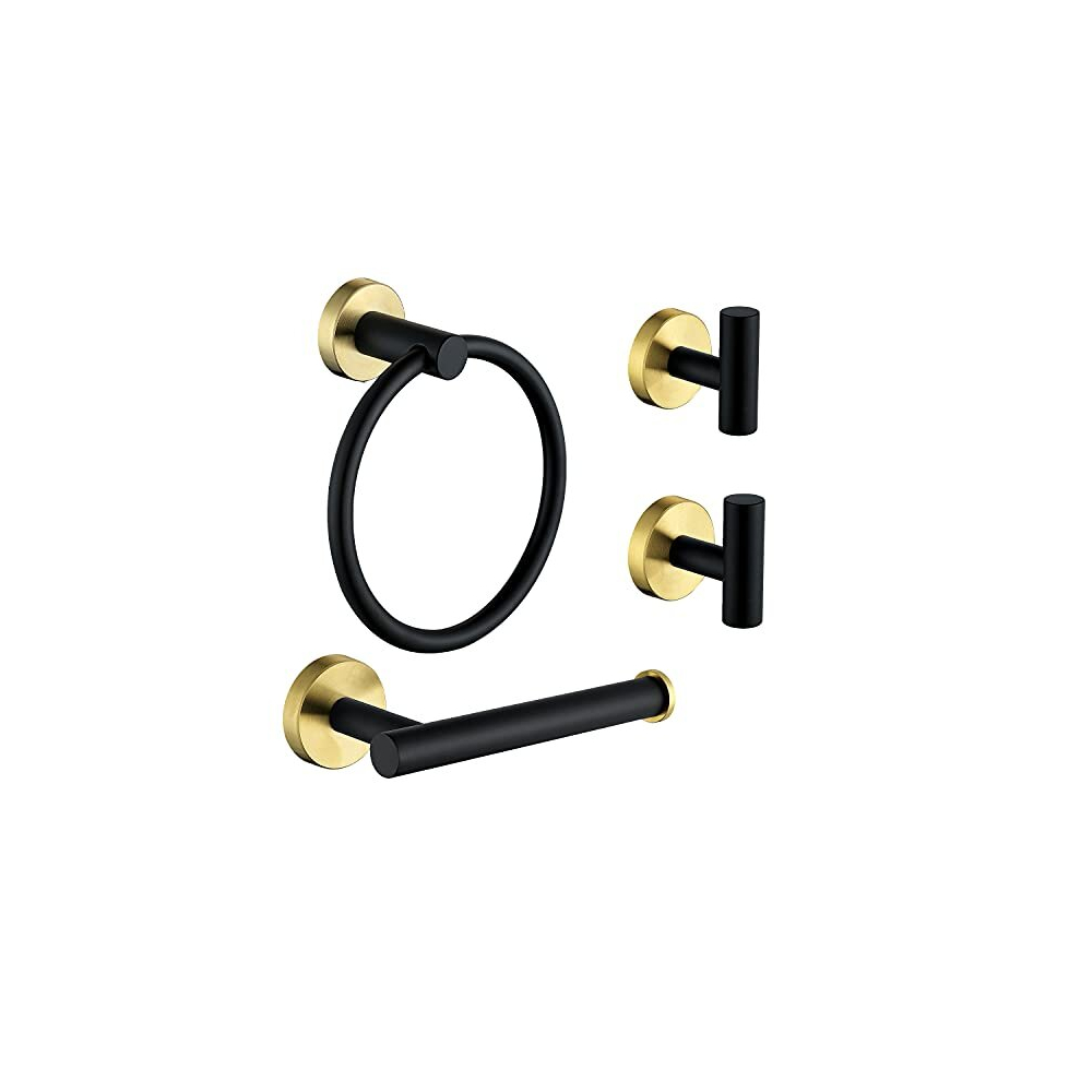 Ntipox 4 Piece Stainless Steel Matte Black and Brushed Gold Bathroom Hardware Set Include Hand Towel Ring Holder, Toilet Paper Holder,and 2 Robe Towel