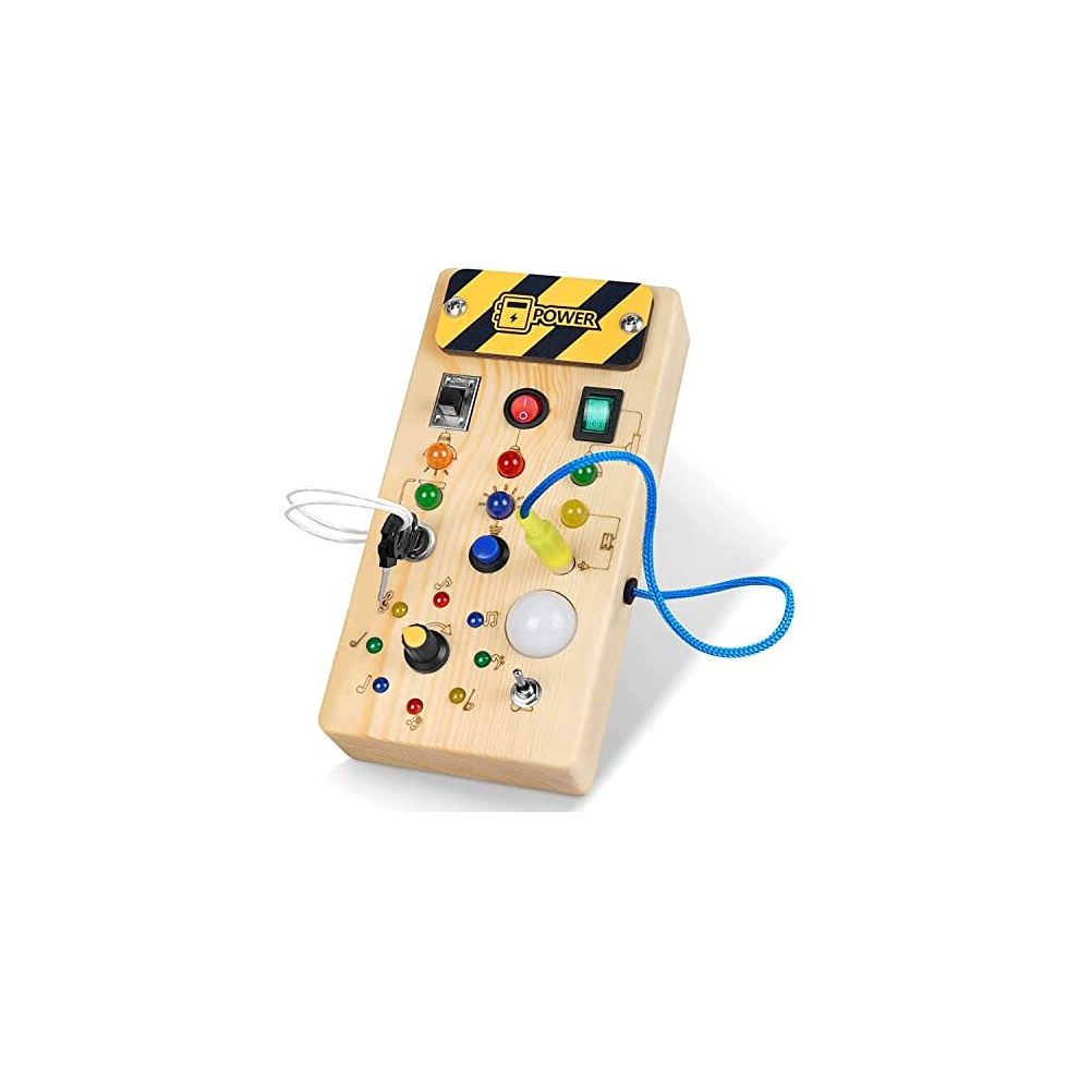 Konijiwa Wooden Busy Board for Toddlers Montessori Busy Board with 8 LED Light Switches Sensory Board Educational Learning Toy Baby and Toddler Travel