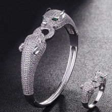 Two leopard Heads Animal Men bangle Jewelry Sets Metal Copper Bangles&Ring Bridal Jewelry Sets Cubic Bracelet Accessory Sets