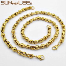 316L Stainless Steel Necklace Bracelet Set 7mm Geometric Beads Link Chain High Polished Men Women Gift SC191