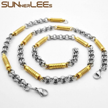 Jewelry Stainless Steel Necklace Bracelet Set 6mm Geometric Link Chain Silver Plated Men Women SC123 S