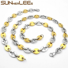 Jewelry Stainless Steel Necklace Bracelet Set 11mm Geometric Link Chain Silver Plated Men Women SC107 S