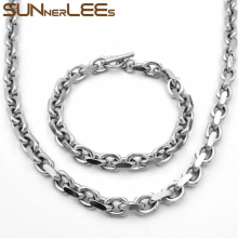 Jewelry Stainless Steel Necklace Bracelet Set 8mm Link Chain Silver Men Women Gift SC914 S