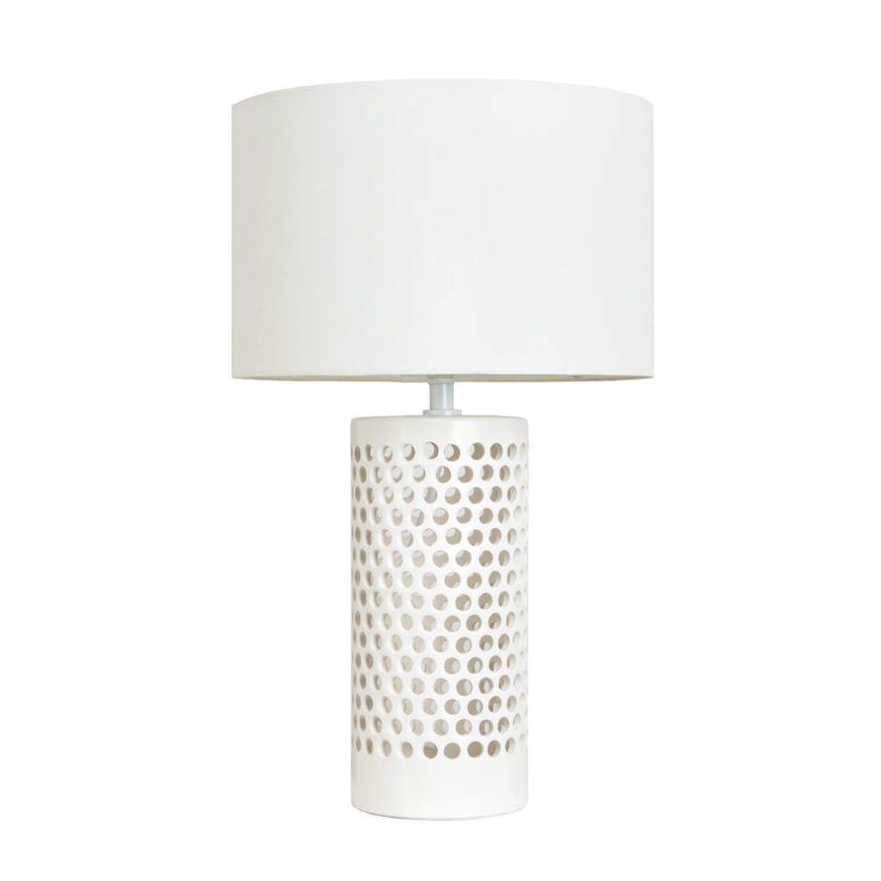 Litecraft White Table Lamp Pierced Ceramic E14 Base With Drum Shade