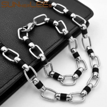 Stainless Steel Necklace Bracelet Set 10mm Geometric Link Chain Silver Silicone Men Women Gift SC171 S
