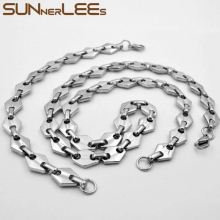 Jewelry Stainless Steel Necklace Bracelet Set 11mm Geometric Link Chain Silver Plated SC135 S