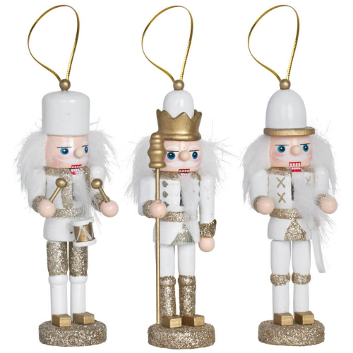 (White / Gold) Christmas Nutcracker Soldier 3 Wooden Nut Cracker