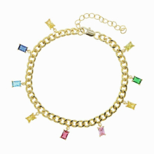 Rainbow Colorful Cubic Zirconia Cuban Link Chain Anklet For Women Adjustable Length 21+5cm Geometric Cz Anklet