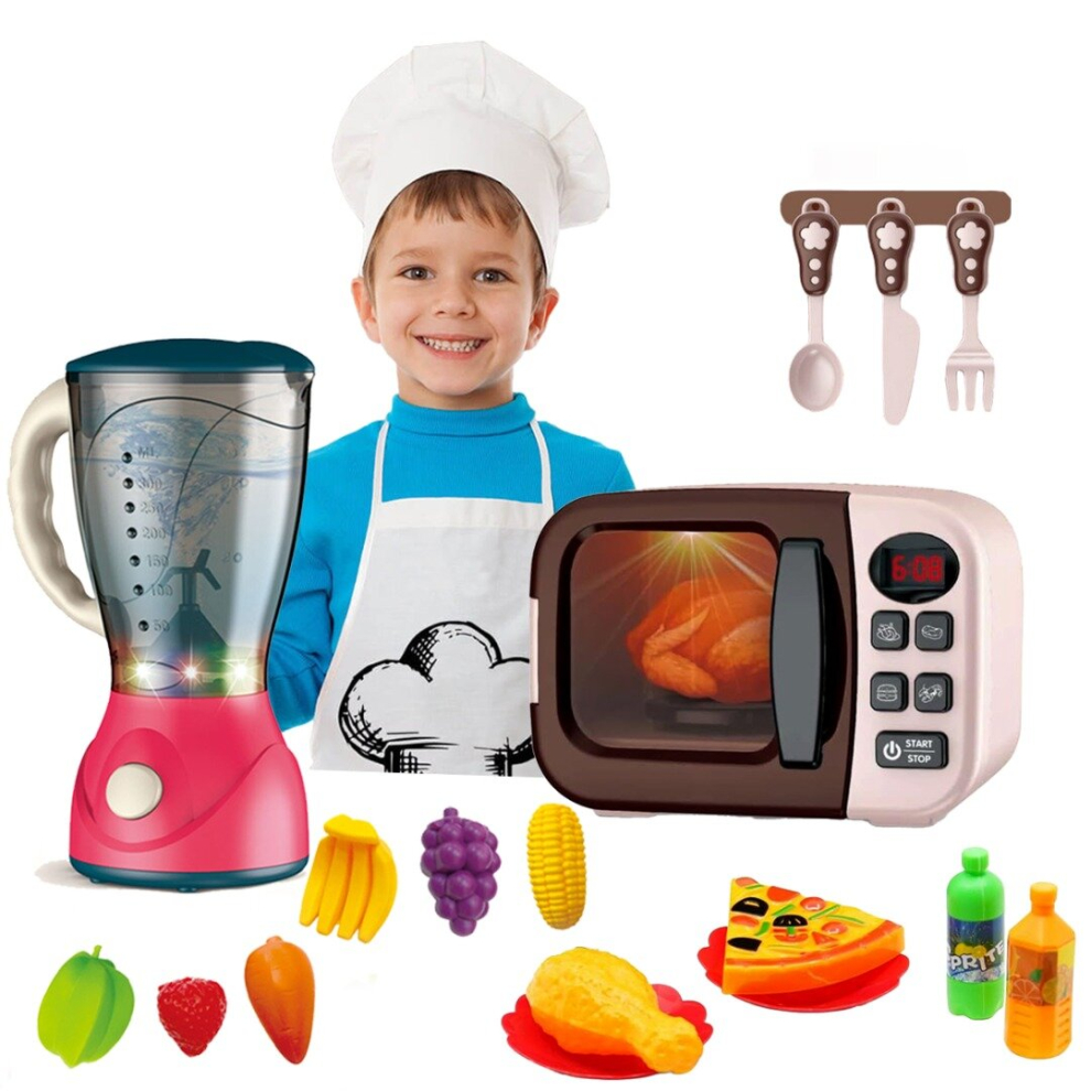 2IN1 Kids Microwave Oven kitchen Mixer Juicer Light Sound Food Play Set accessories