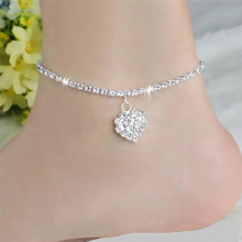 12pcs Full Rhinestone Anklet Crystal Love Heart Pendant Ankle Bracelet Chain Link Foot Jewelry For Women