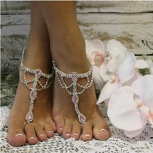 Bohemian Pink Crystal Ankle Claw Chain Summer Beach Barefoot Sandals Rhinestone Ankle Womens Fine Jewelry