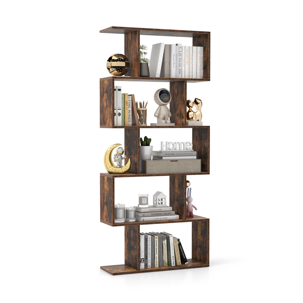 5-tier Bookcase Anti-Toppling S-Shaped Bookshelf Wooden Storage Display Rack