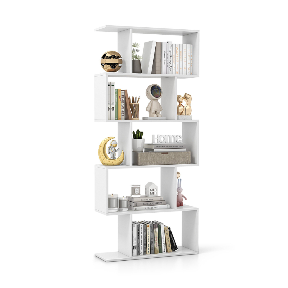 5-tier Bookcase Anti-Toppling S-Shaped Bookshelf Wooden Storage Display Rack