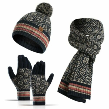 (navy blue) Ladies Hat Scarf and Gloves Set Warm / Lined Beanie Hat Touchscreen Gloves